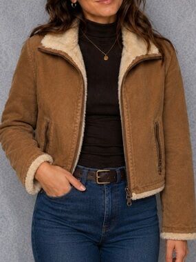 Marvin Richards Leather Shearling Lined Jacket Brown Aviator Style Warm Coat